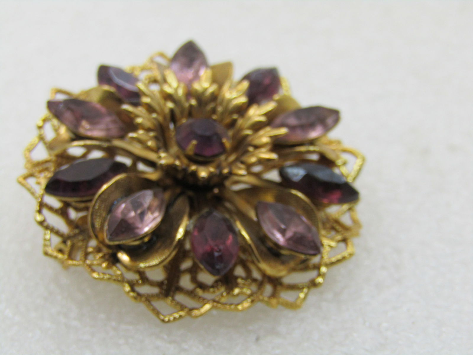 Vintage Purple Rhinestone Filigree Brooch, Blossom, 1-5/8" - 7