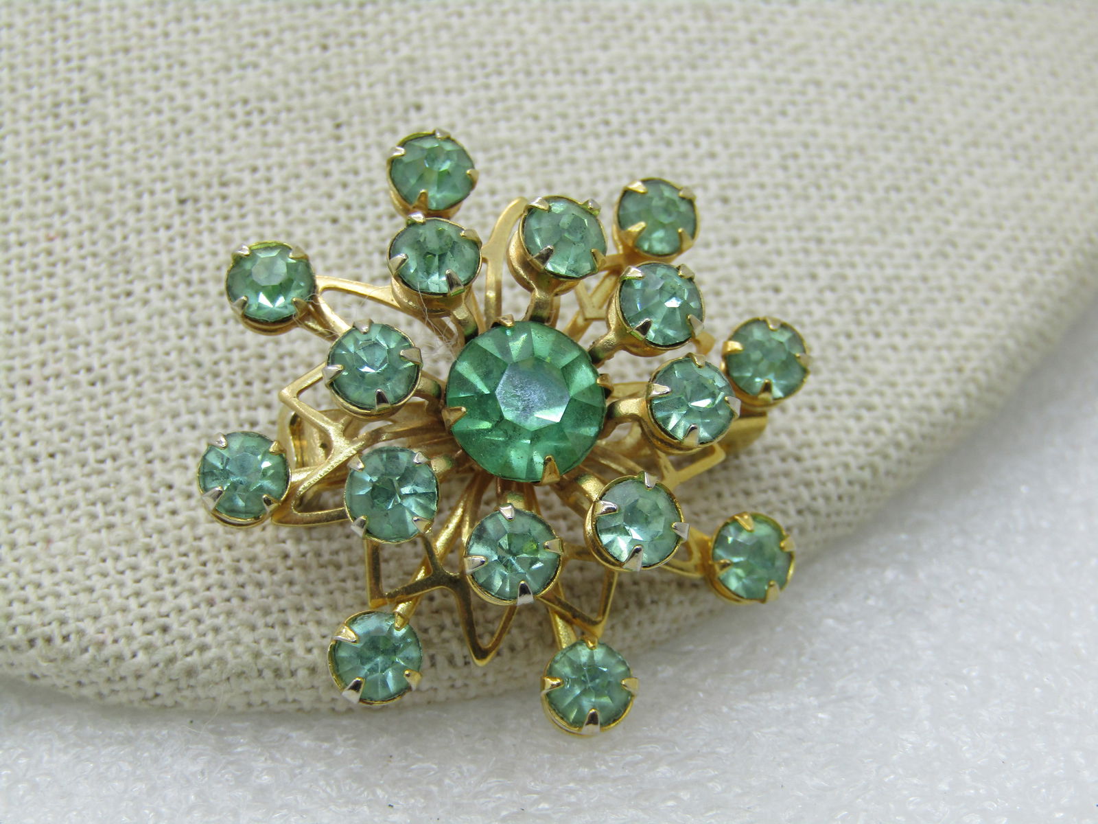 Vintage Green Rhinestone Brooch, Snowflake/Blossom, 1960's - 2