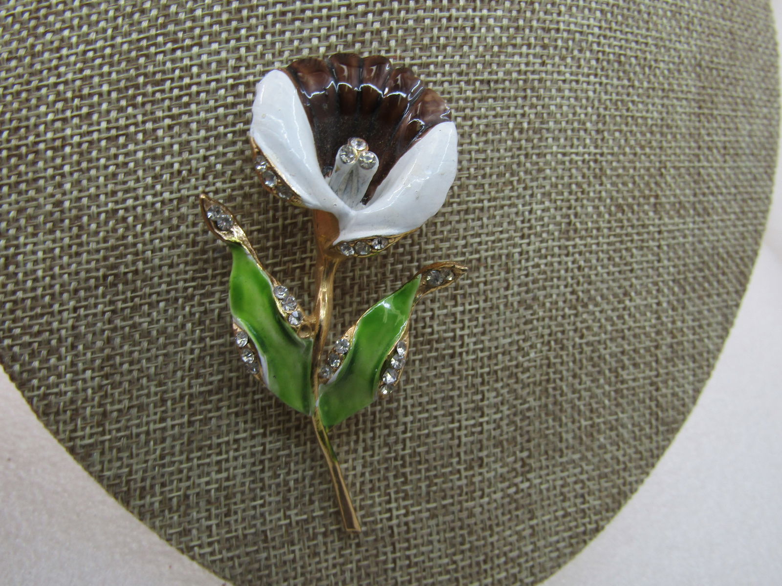 Vintage Enameled Lily with Rhinestone Brooch, 1960's, Statement Brooch, 3" - 2
