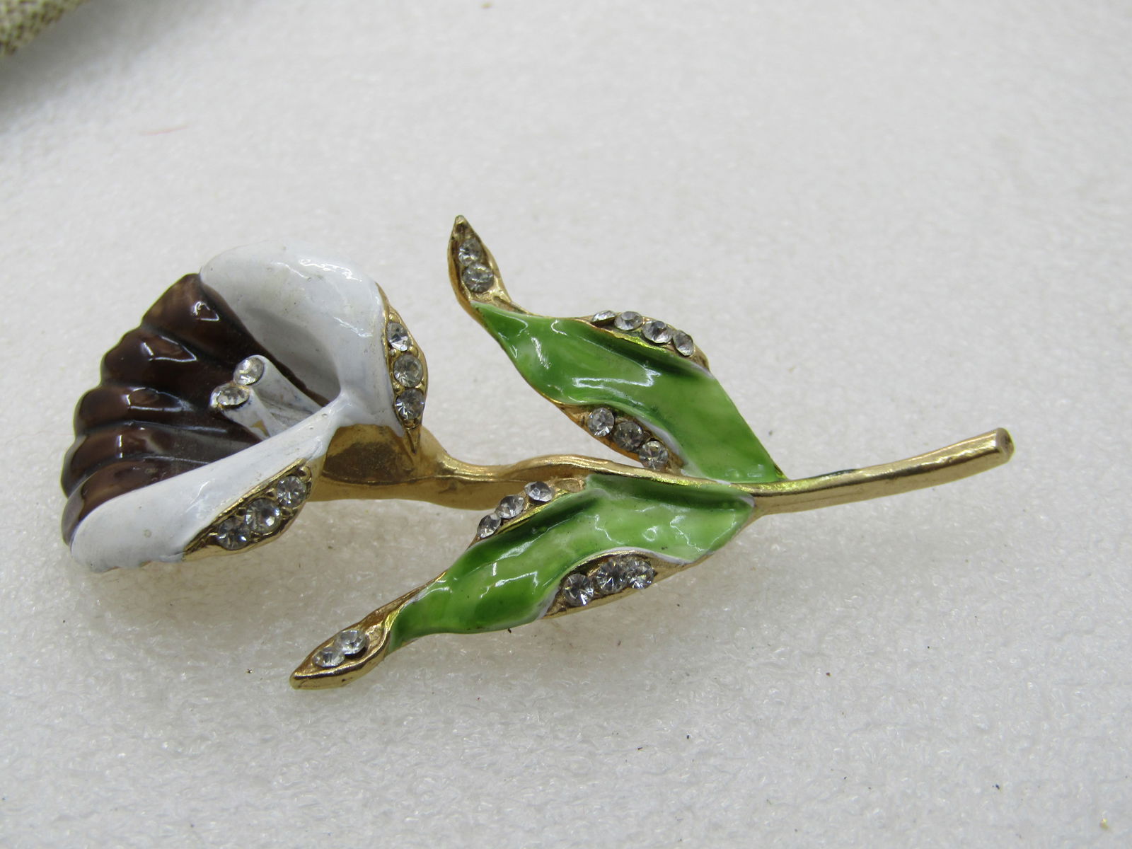Vintage Enameled Lily with Rhinestone Brooch, 1960's, Statement Brooch, 3" - 5