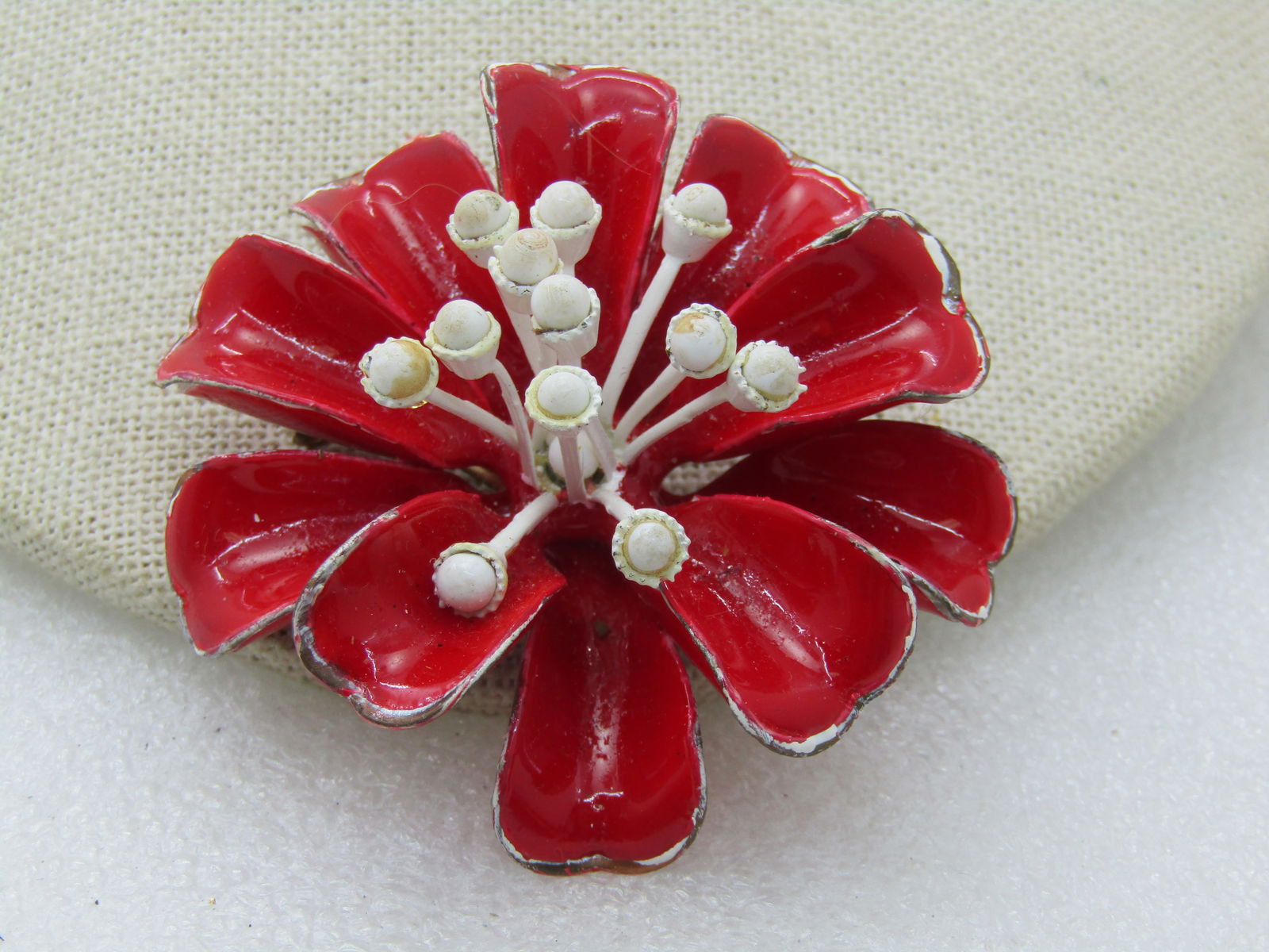 Vintage Red & White Enameled Floral Brooch, 1940's-1950's, 2.25" (1 of 6)
