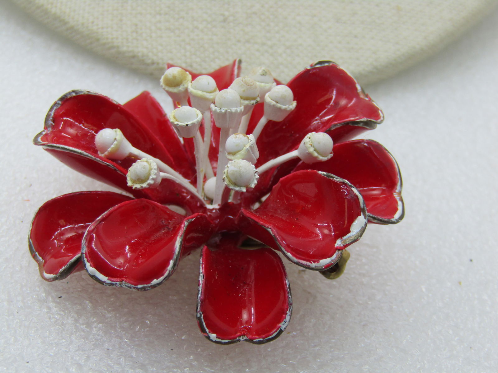 Vintage Red & White Enameled Floral Brooch, 1940's-1950's, 2.25" - 2