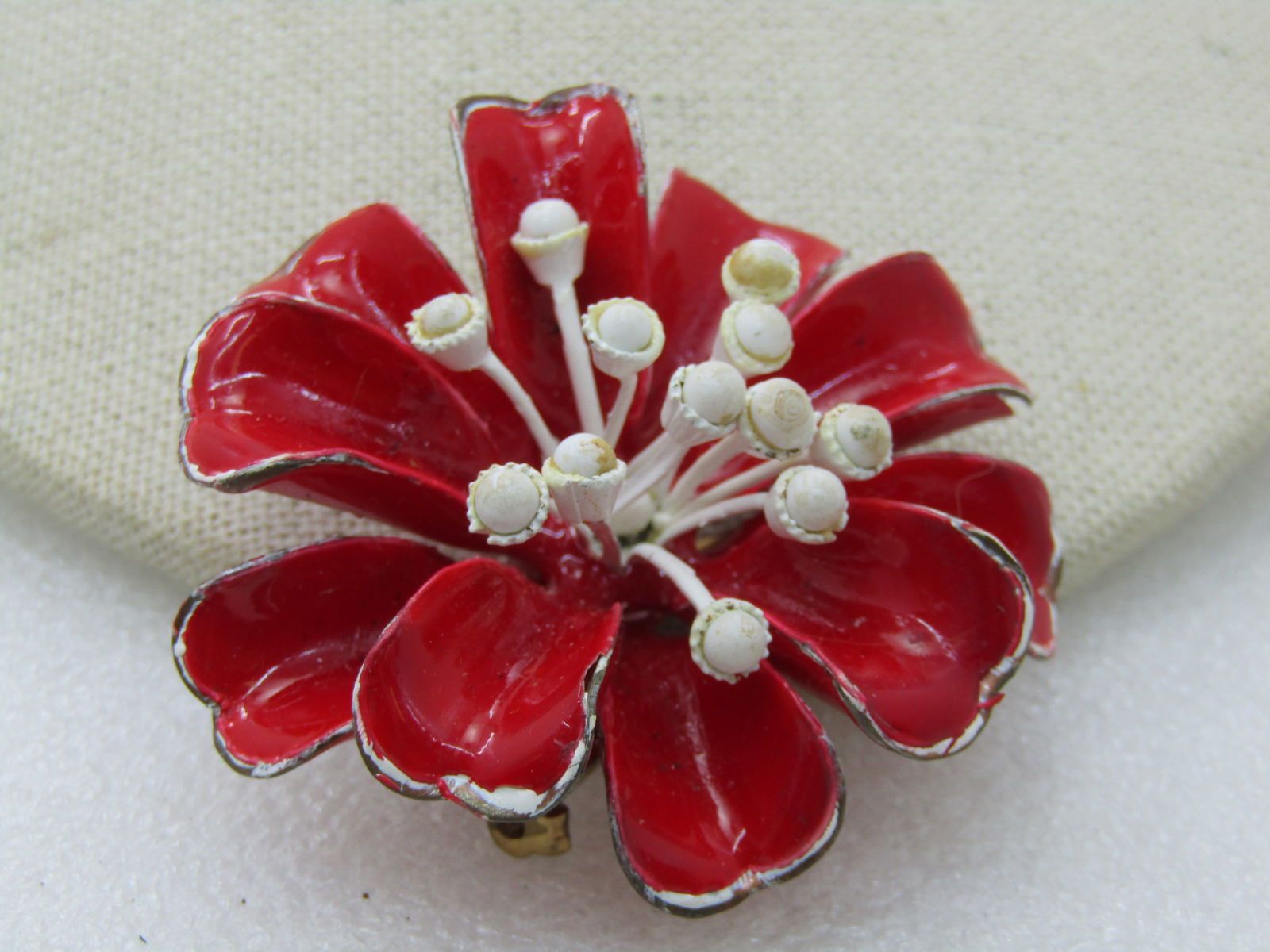 Vintage Red & White Enameled Floral Brooch, 1940's-1950's, 2.25" - 3