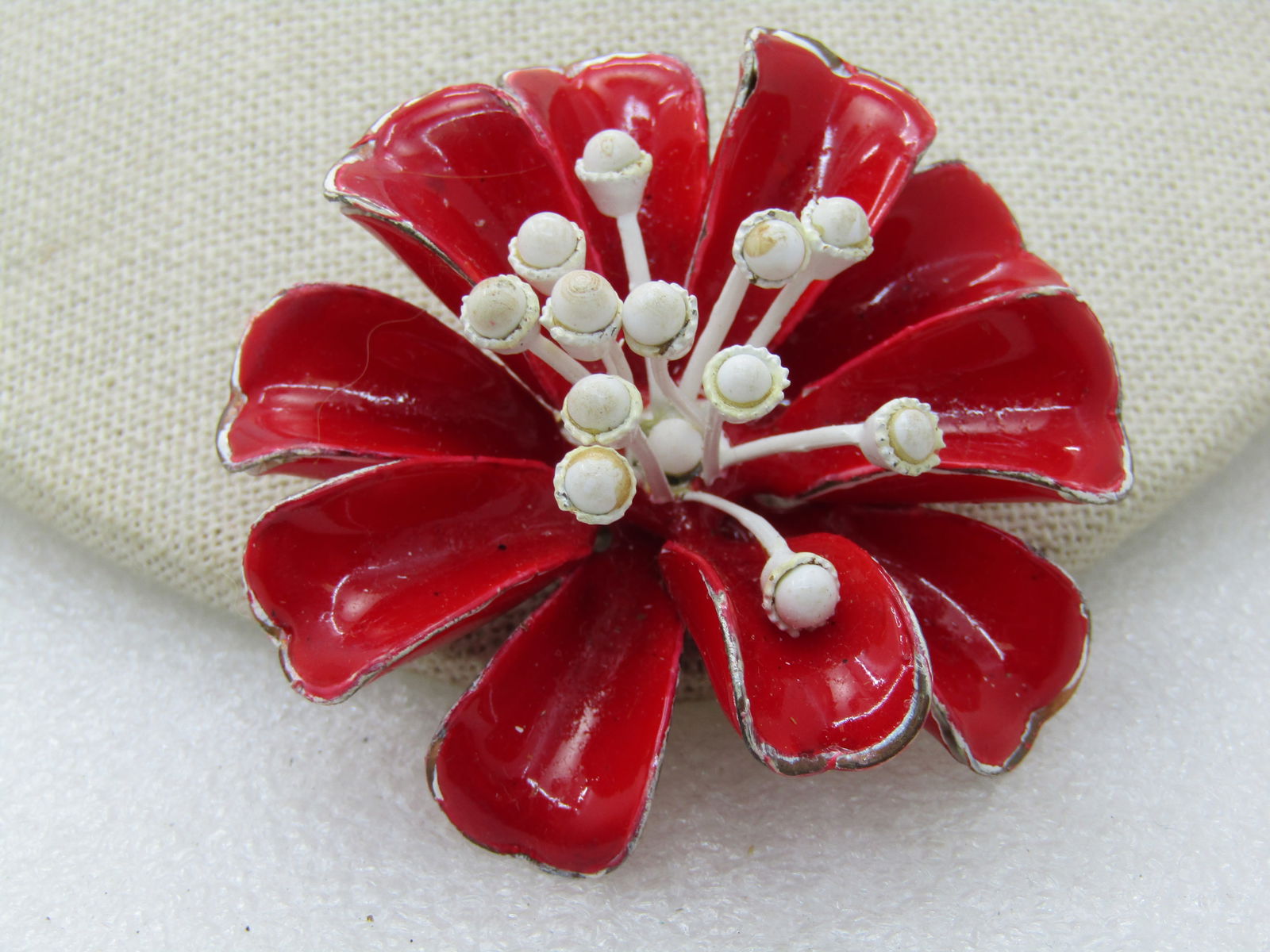 Vintage Red & White Enameled Floral Brooch, 1940's-1950's, 2.25" - 5
