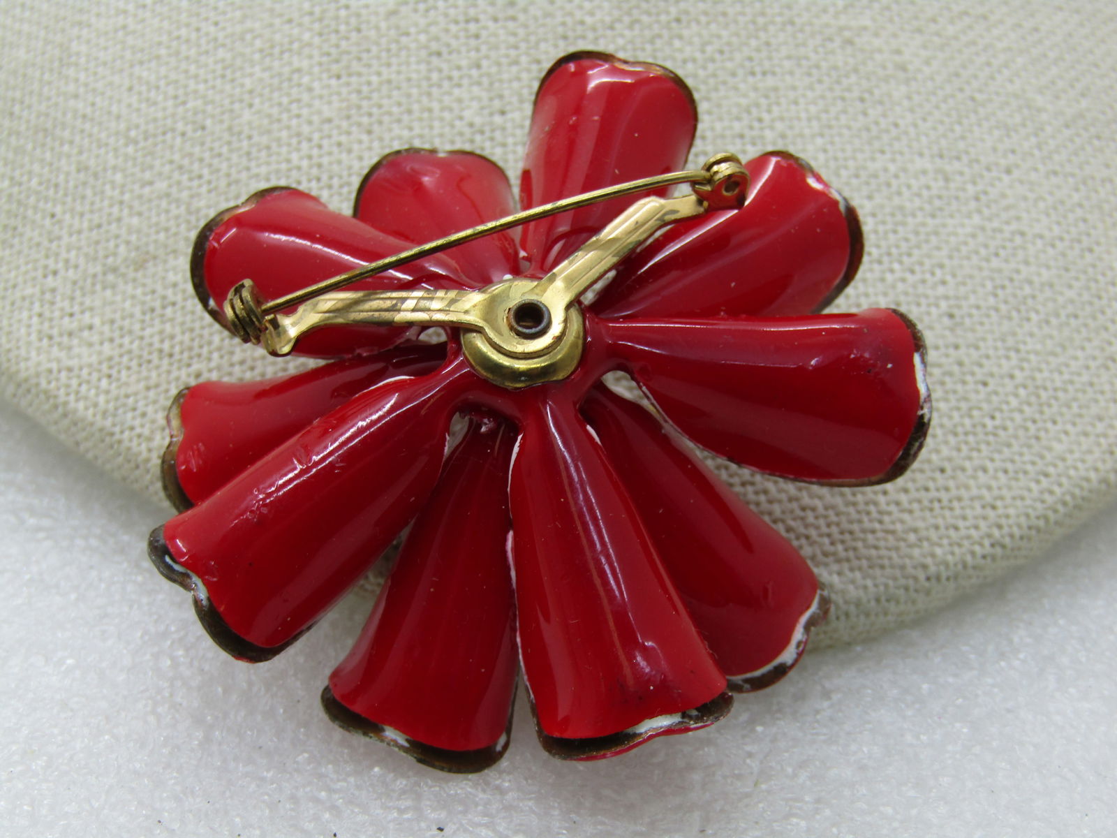 Vintage Red & White Enameled Floral Brooch, 1940's-1950's, 2.25" - 6