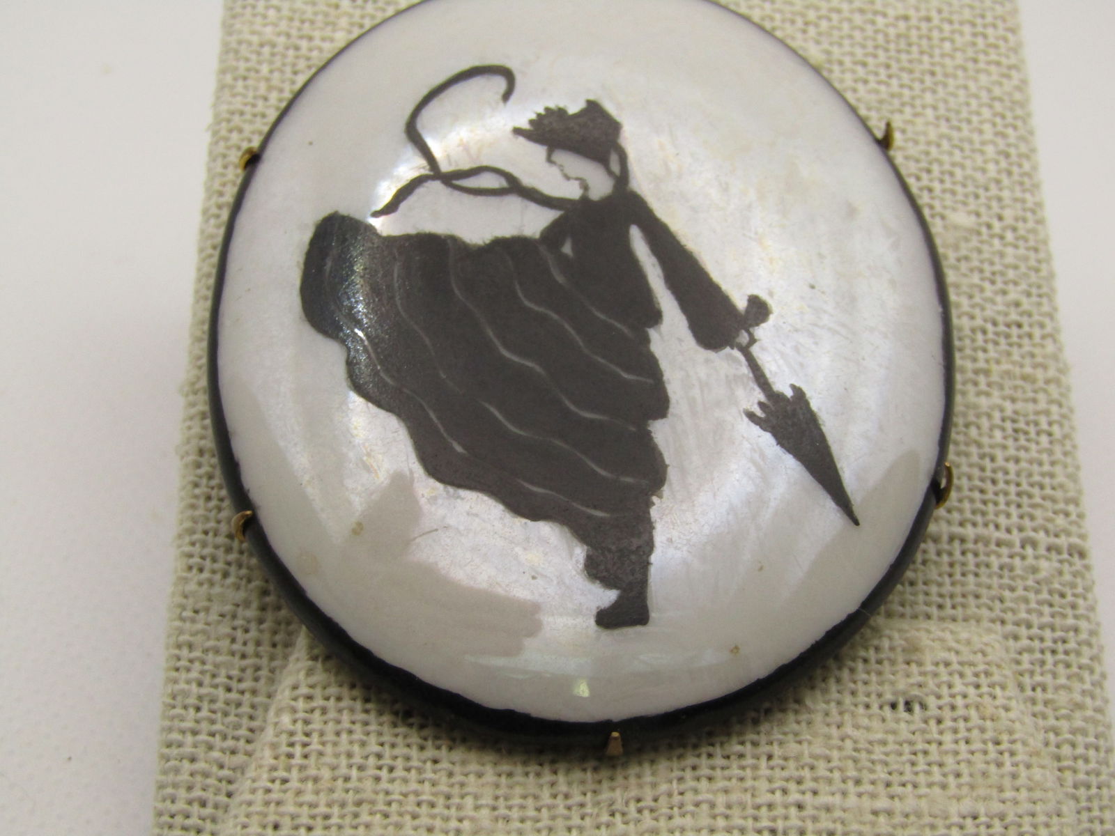 Vintage Early 1930's Black & White Lusterware Brooch, Woman with Umbrella 2.5" by 2" - 2