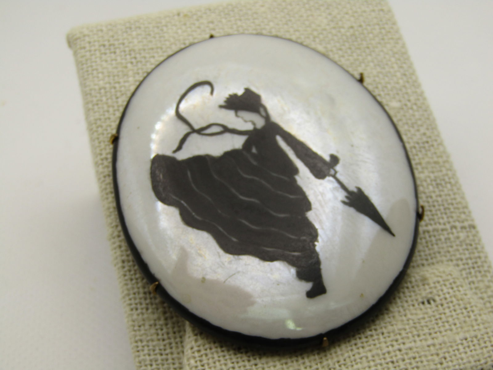 Vintage Early 1930's Black & White Lusterware Brooch, Woman with Umbrella 2.5" by 2" - 3