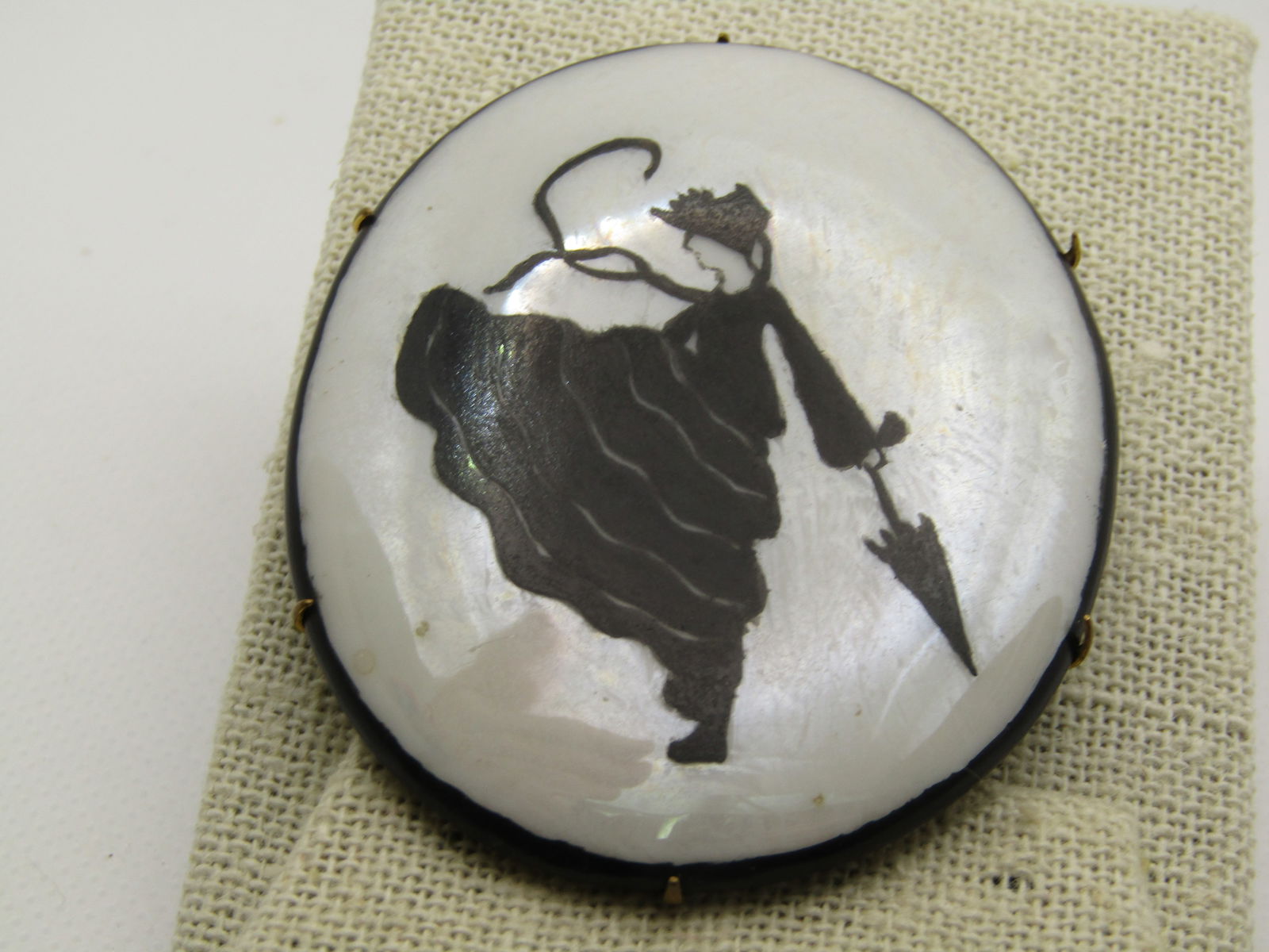 Vintage Early 1930's Black & White Lusterware Brooch, Woman with Umbrella 2.5" by 2" - 4