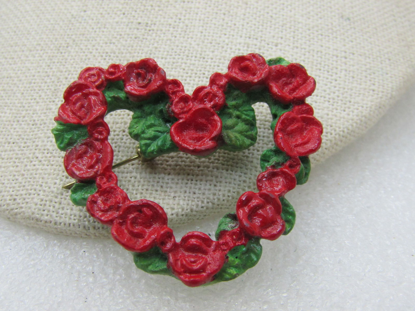 Vintage Red Rose Heart Wreath Brooch, Green Leaves, 2" by 1.5" - 2