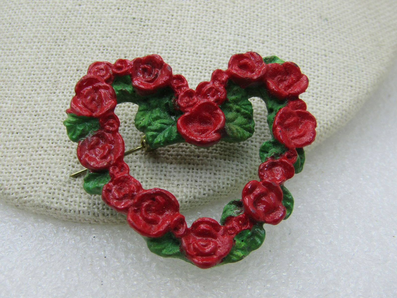 Vintage Red Rose Heart Wreath Brooch, Green Leaves, 2" by 1.5" - 3