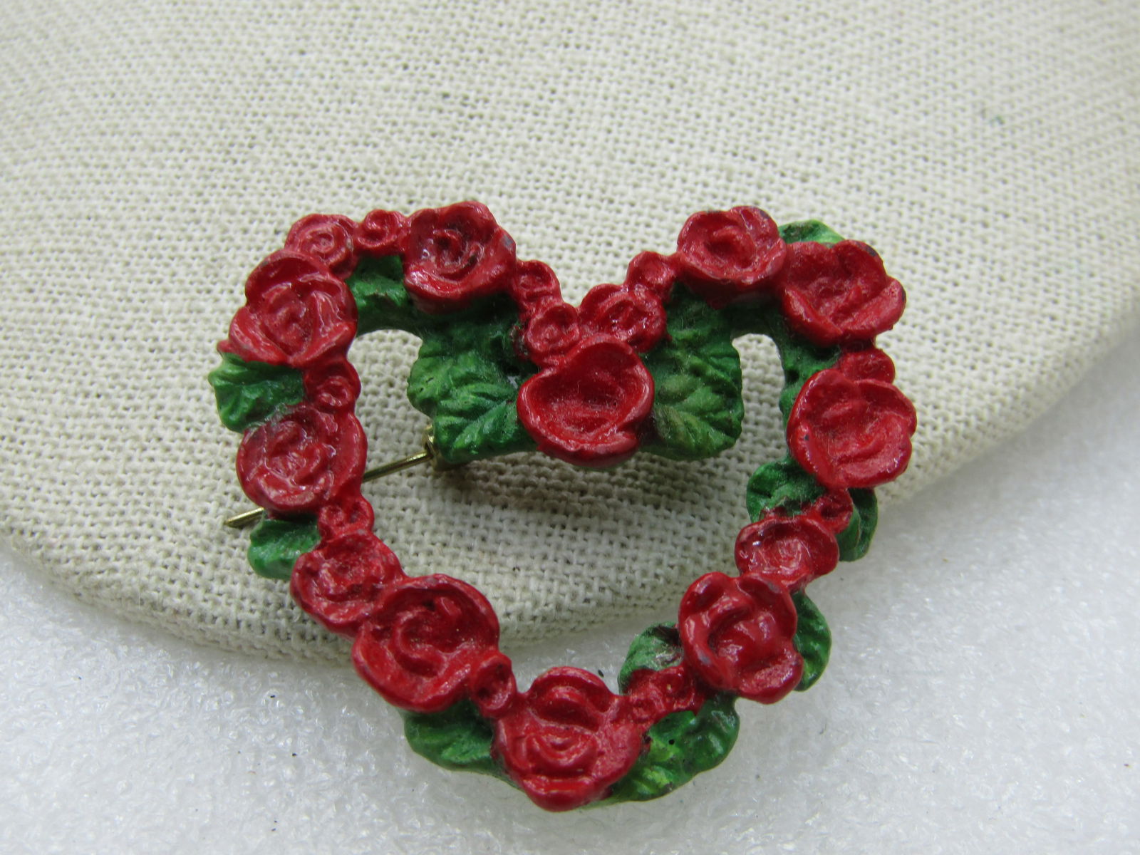 Vintage Red Rose Heart Wreath Brooch, Green Leaves, 2" by 1.5" - 4
