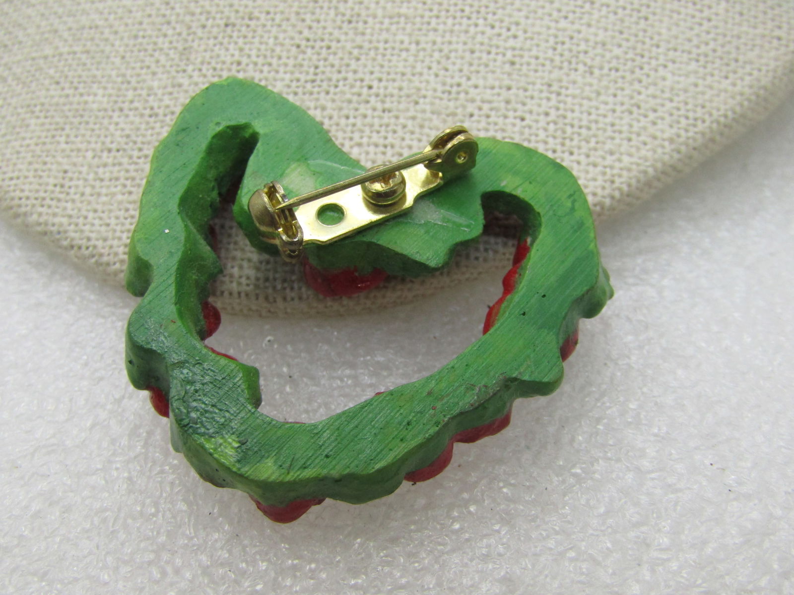 Vintage Red Rose Heart Wreath Brooch, Green Leaves, 2" by 1.5" - 5