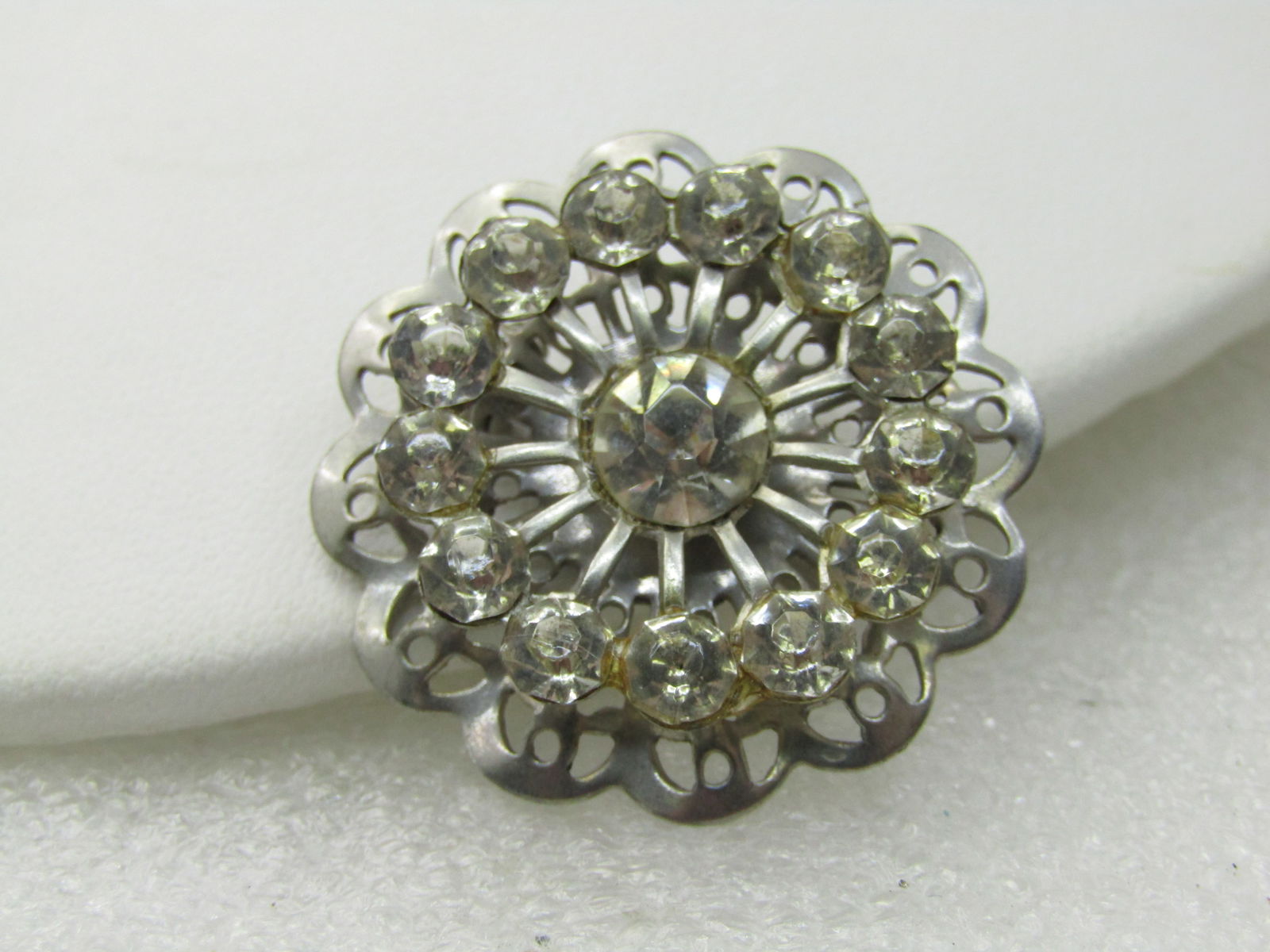 Vintage Rhinestone Round Blossom Brooch, Silver Tone, 1950's, 1.25" (1 of 5)