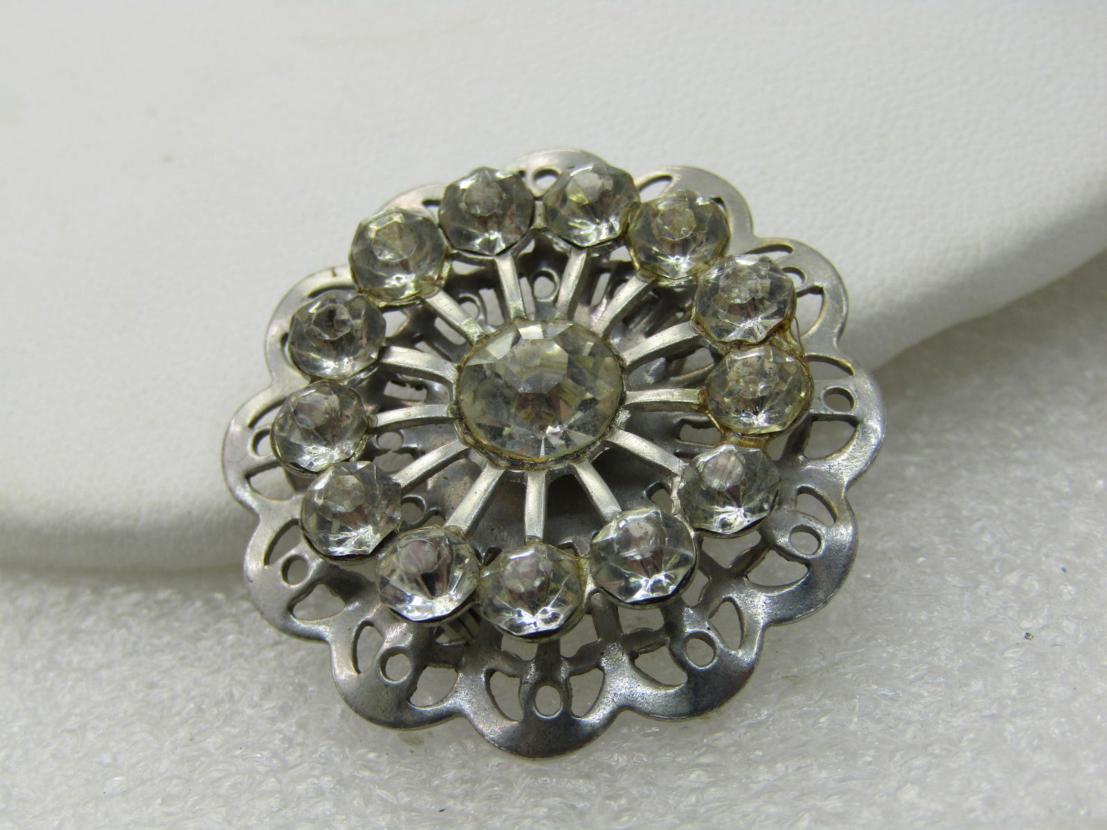 Vintage Rhinestone Round Blossom Brooch, Silver Tone, 1950's, 1.25" - 2