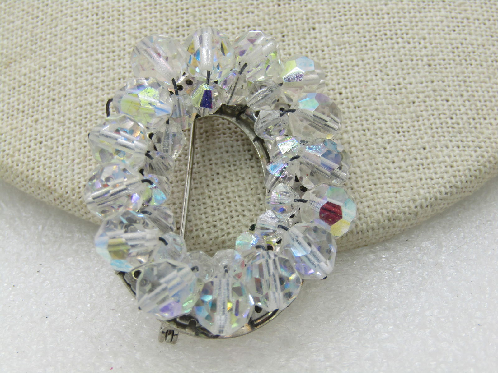 Vintage Aurora Borealis Crystal Beaded Brooch, Oval, 2" - 2