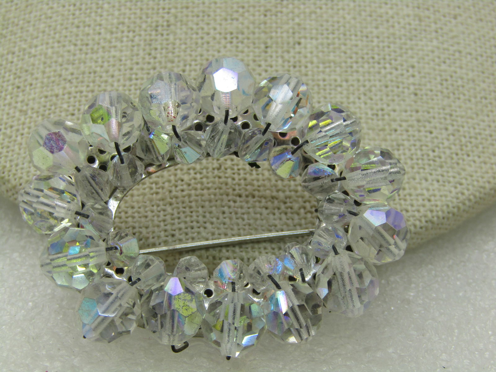 Vintage Aurora Borealis Crystal Beaded Brooch, Oval, 2" - 3