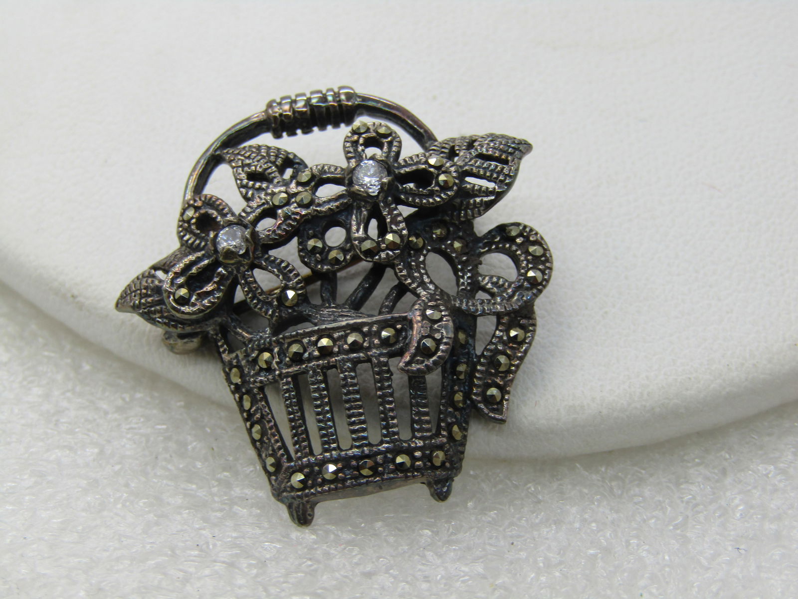 Vintage Sterling Marcasite Flower Basket Brooch, Signed M - 2