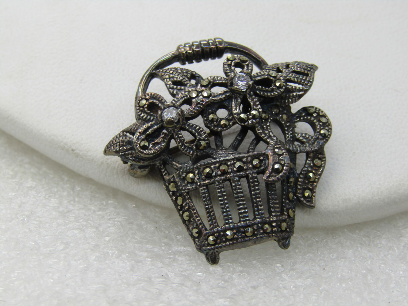 Vintage Sterling Marcasite Flower Basket Brooch, Signed M - 3