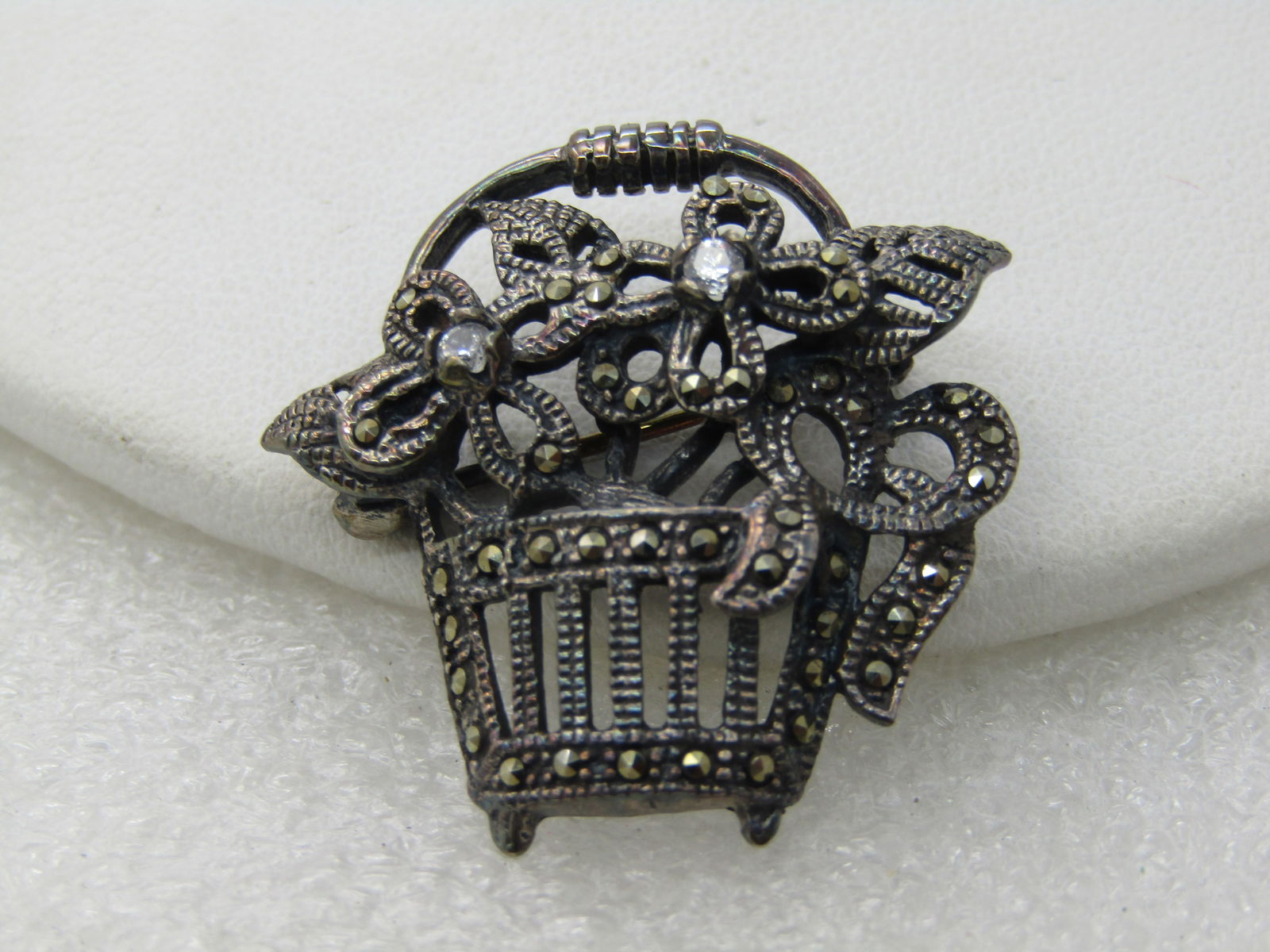 Vintage Sterling Marcasite Flower Basket Brooch, Signed M - 4
