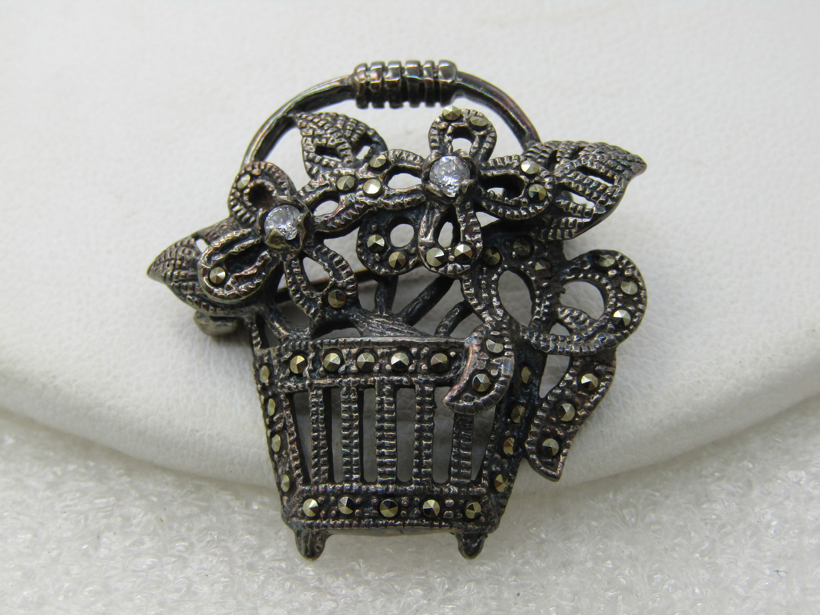 Vintage Sterling Marcasite Flower Basket Brooch, Signed M - 5