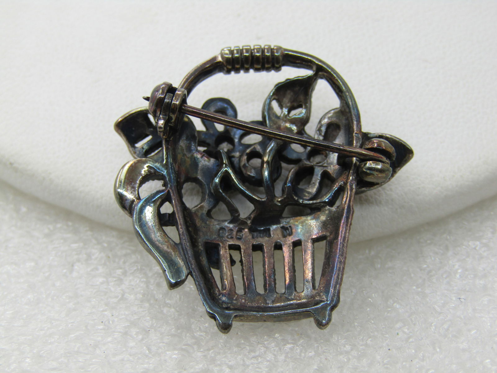 Vintage Sterling Marcasite Flower Basket Brooch, Signed M - 6