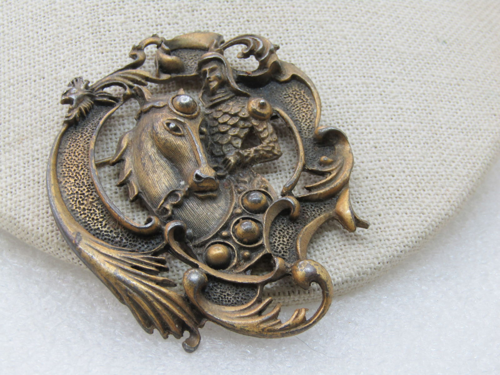 Vintage Brass Knight on Horse Framed Brooch, Medieval Themed, 2.75" - 2