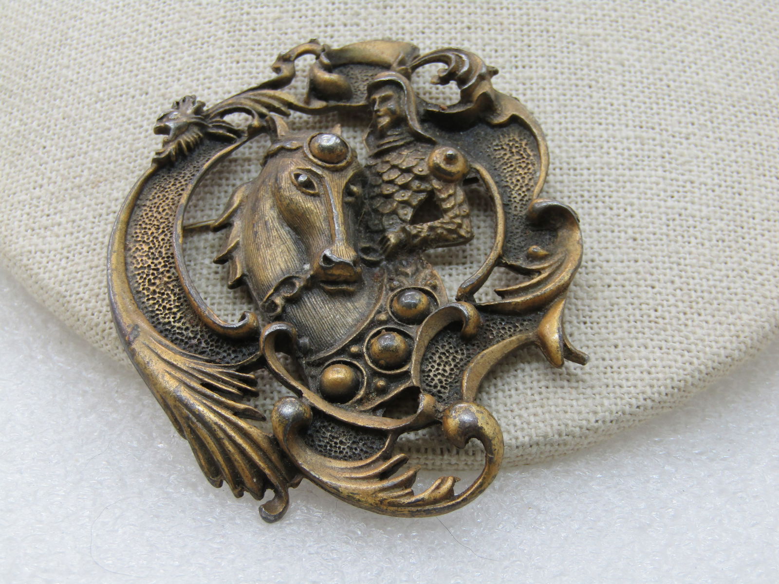 Vintage Brass Knight on Horse Framed Brooch, Medieval Themed, 2.75" - 3