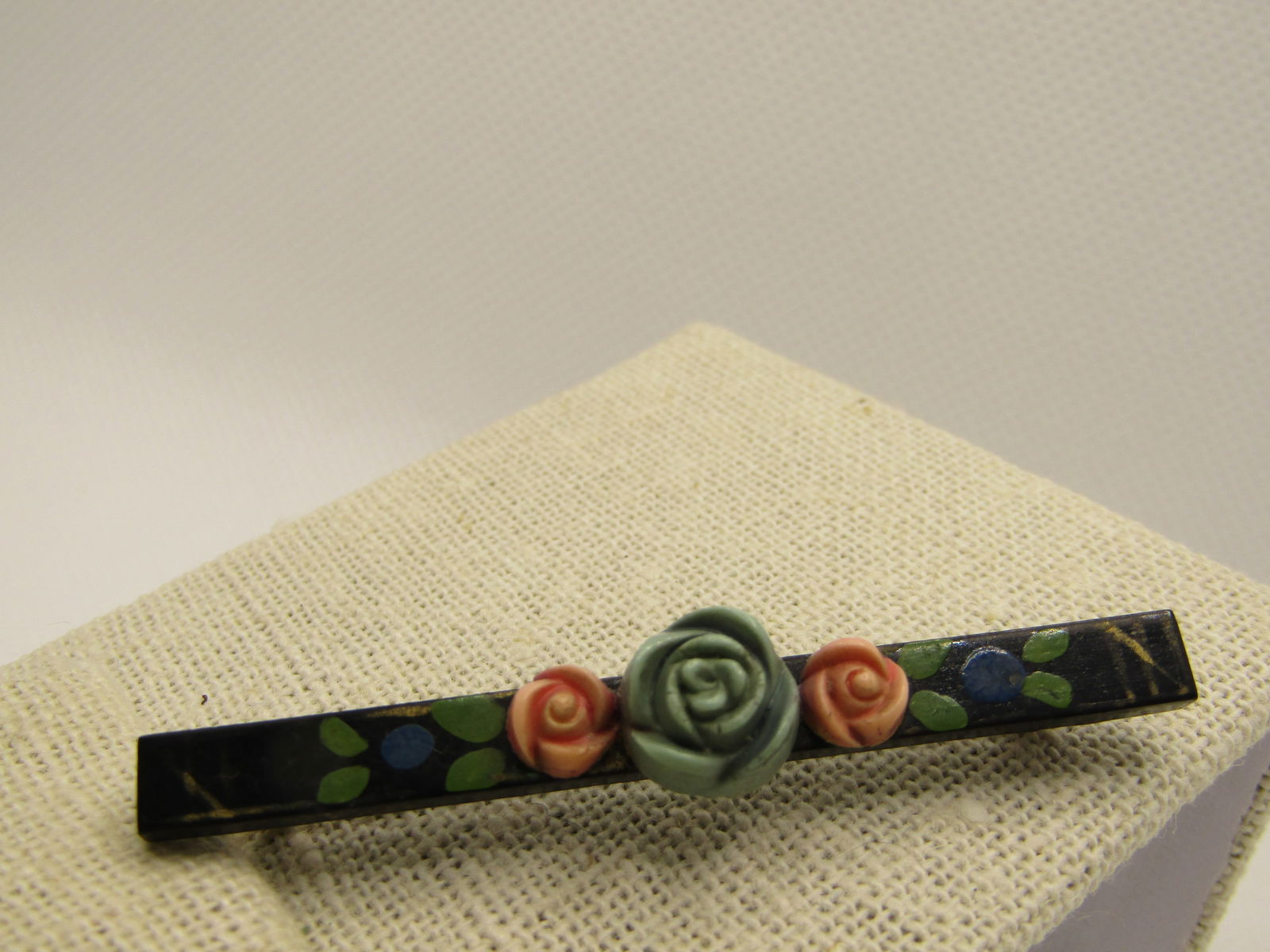 Vintage Celluloid Rose & Black Bar Painted Brooch, 2.25", C-Clasp - 2