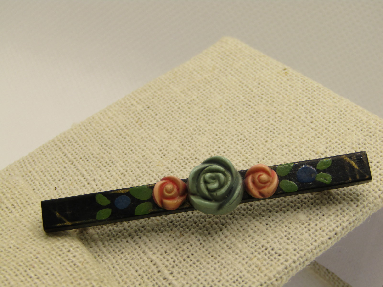 Vintage Celluloid Rose & Black Bar Painted Brooch, 2.25", C-Clasp - 3