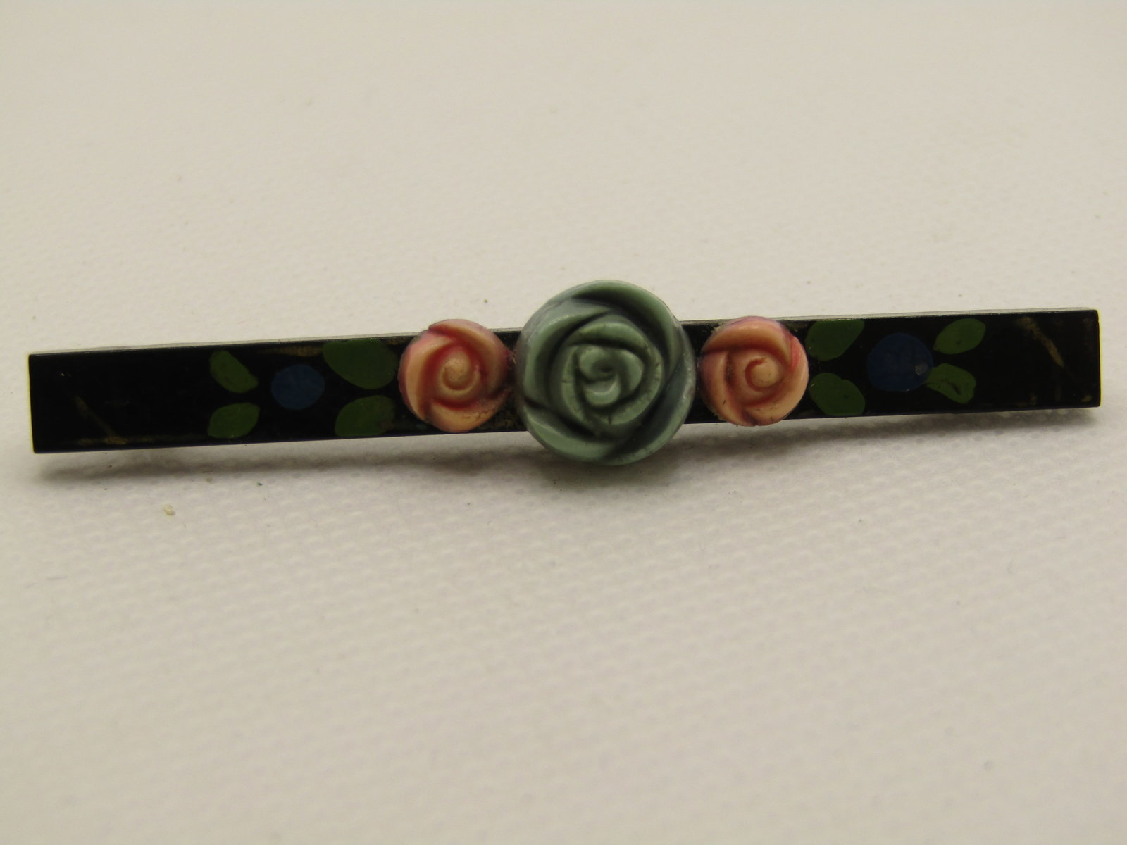 Vintage Celluloid Rose & Black Bar Painted Brooch, 2.25", C-Clasp - 6