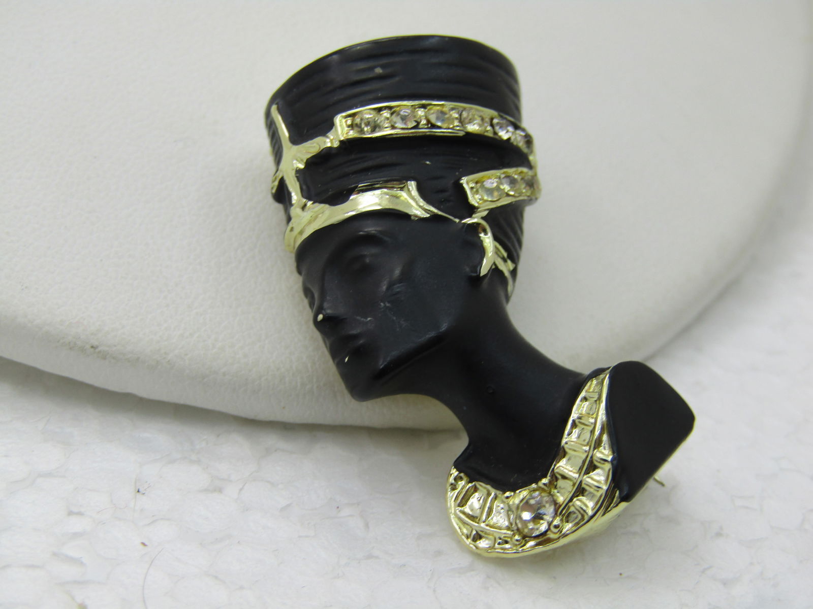 Vintage Egyptian Queen Nefrititi Brooch, Gold Tone and Black Enameling, 1-5/8" - 2