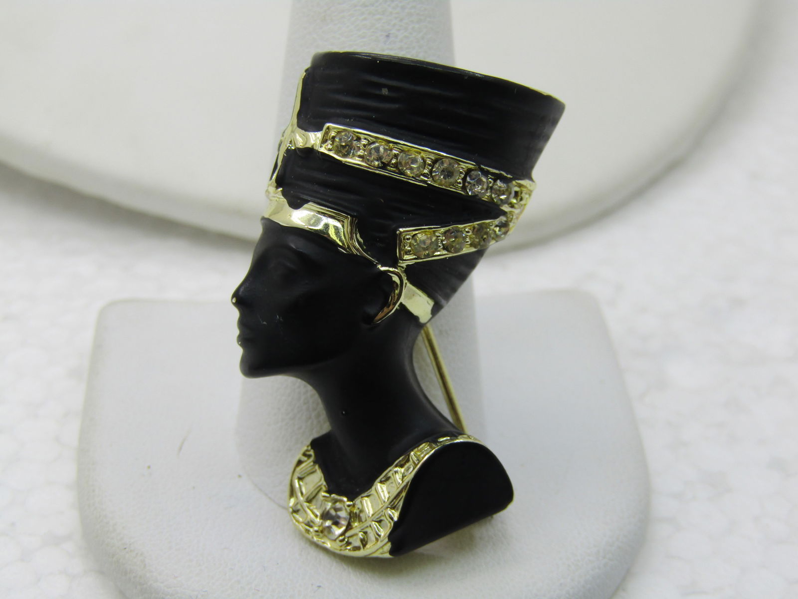 Vintage Egyptian Queen Nefrititi Brooch, Gold Tone and Black Enameling, 1-5/8" - 3