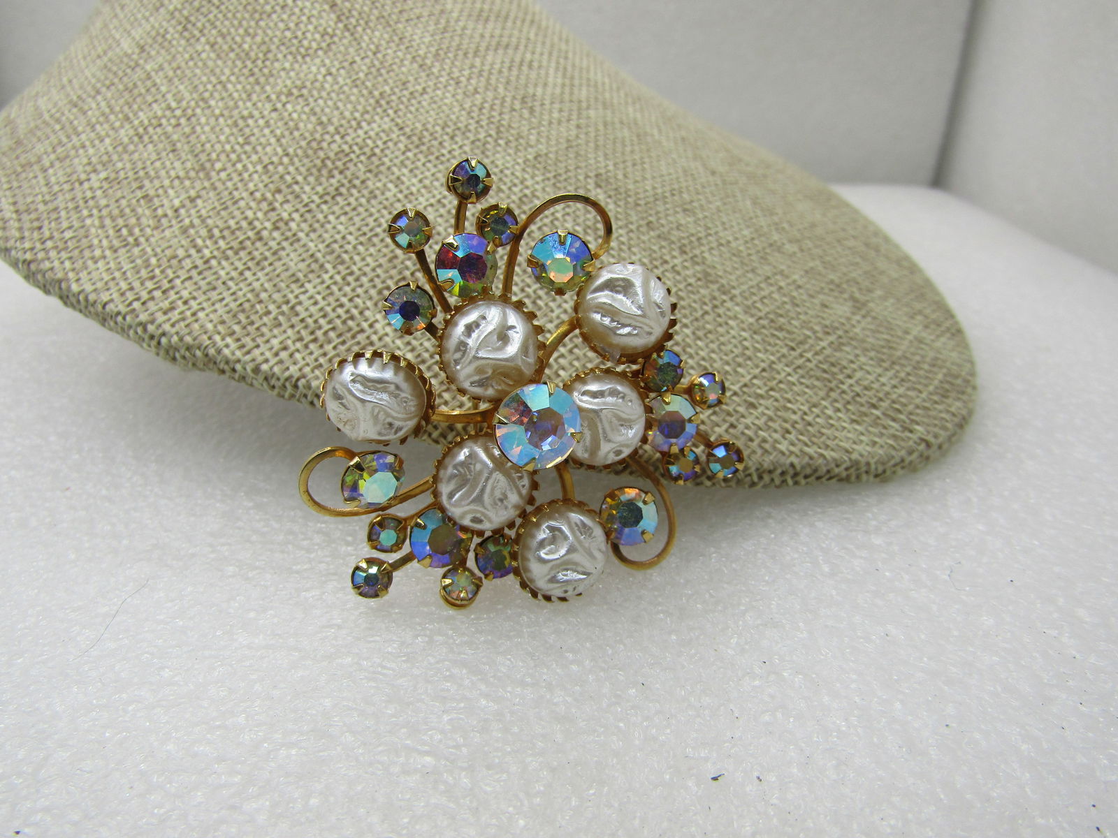 Vintage White Faux Pearl A.B. Rhinestone Brooch, 2", 1960's (1 of 6)