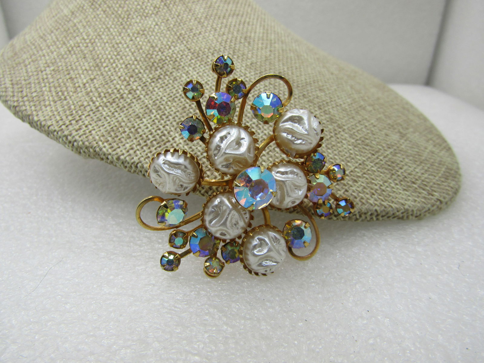 Vintage White Faux Pearl A.B. Rhinestone Brooch, 2", 1960's - 2
