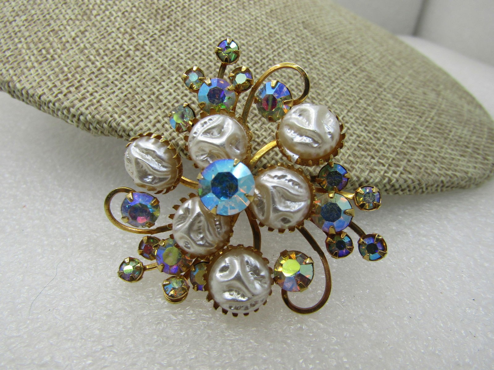 Vintage White Faux Pearl A.B. Rhinestone Brooch, 2", 1960's - 3