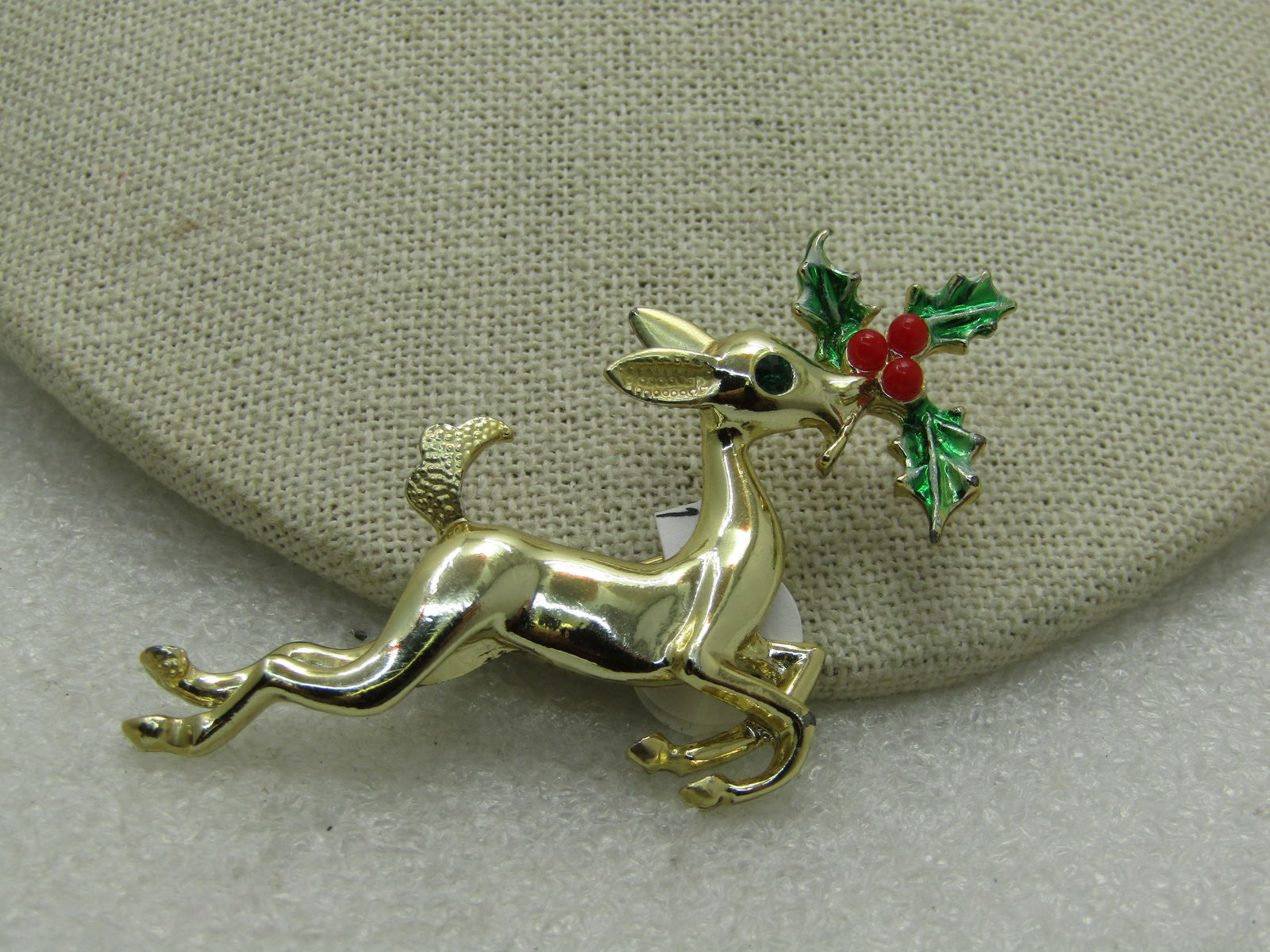 Vintage Reindeer Holly Christmas Brooch, Enameled, 2.5" - 3