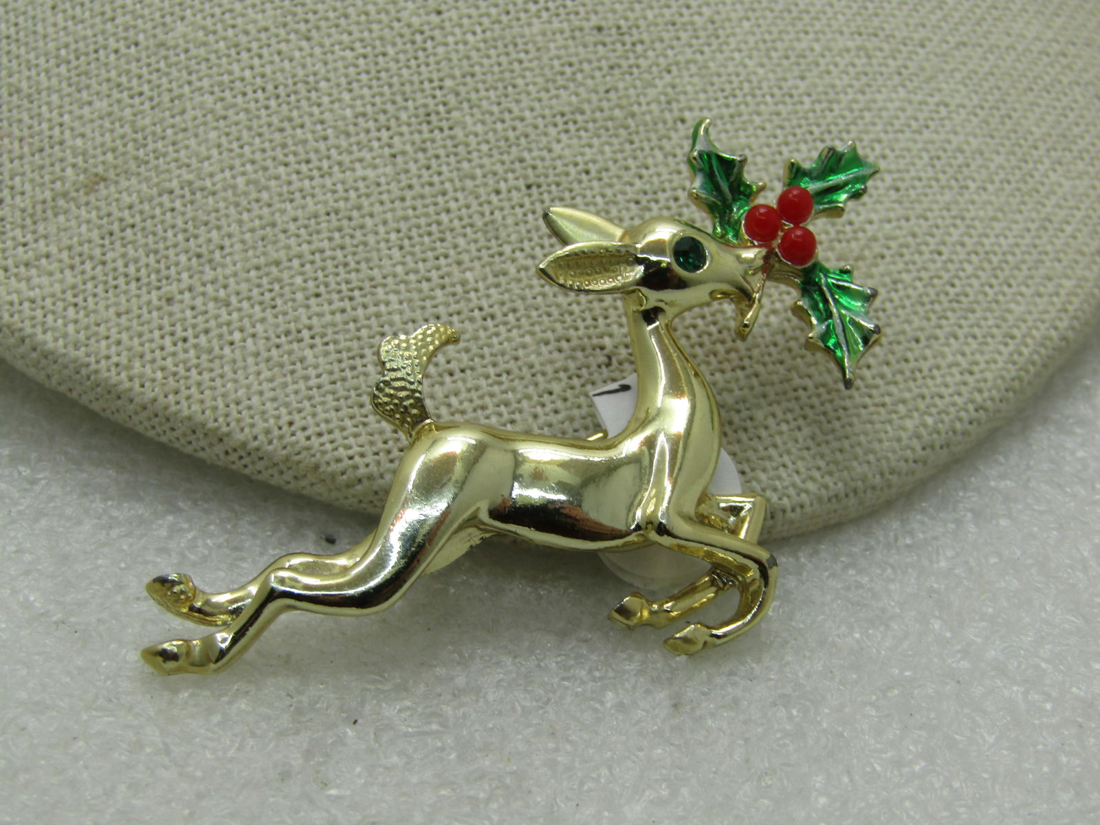 Vintage Reindeer Holly Christmas Brooch, Enameled, 2.5" - 4