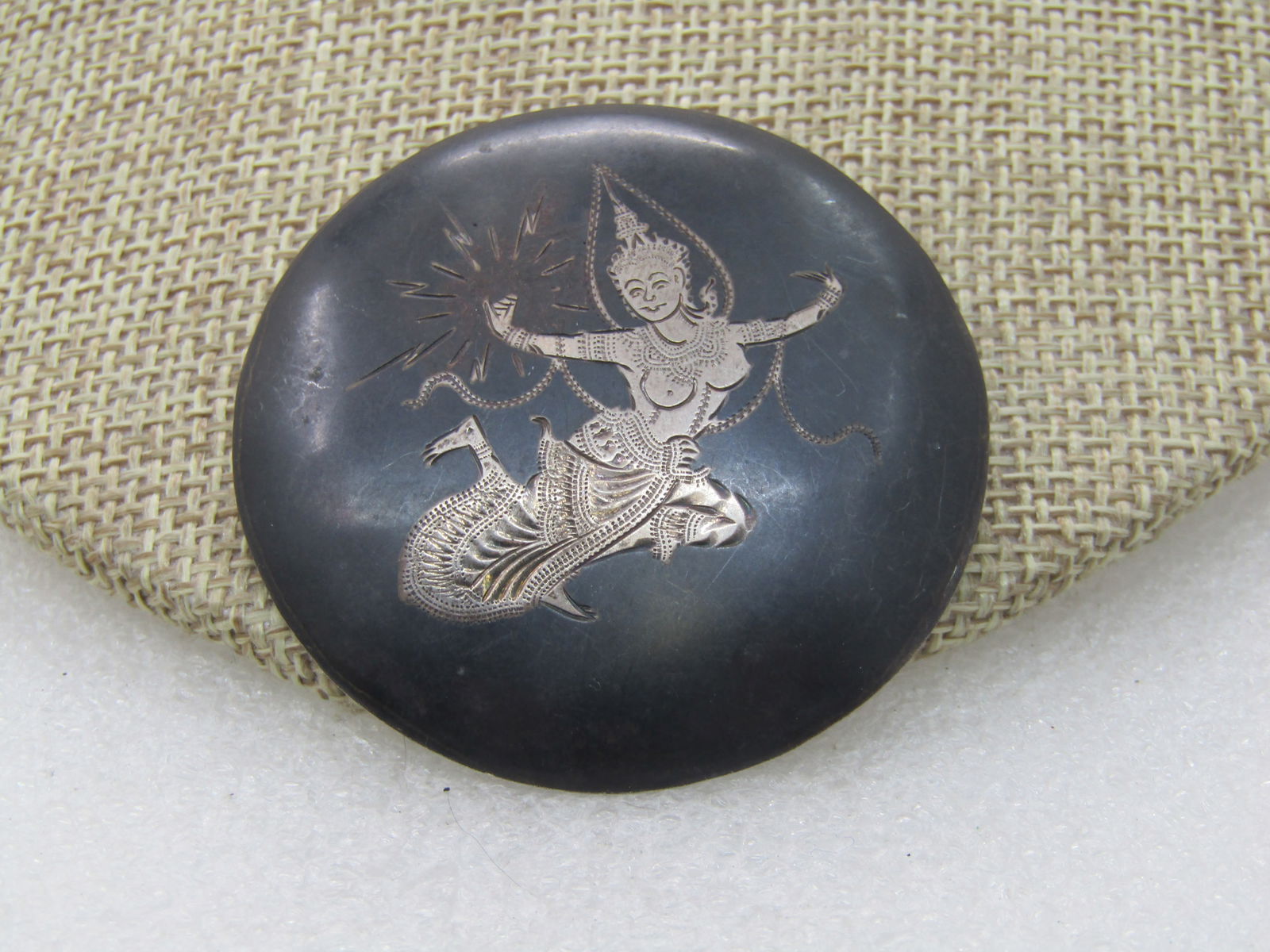 Vintage Sterling Enameled Siam Goddess Brooch, Niello, Signed, Locking Trombone Clasp.: Vintage Sterling Enameled Siam Goddess Brooch, Signed with what looks like Hainakon though there could be a letter in front of that, possibly a C or an S that is not fully stamped. Also stamped Sterli