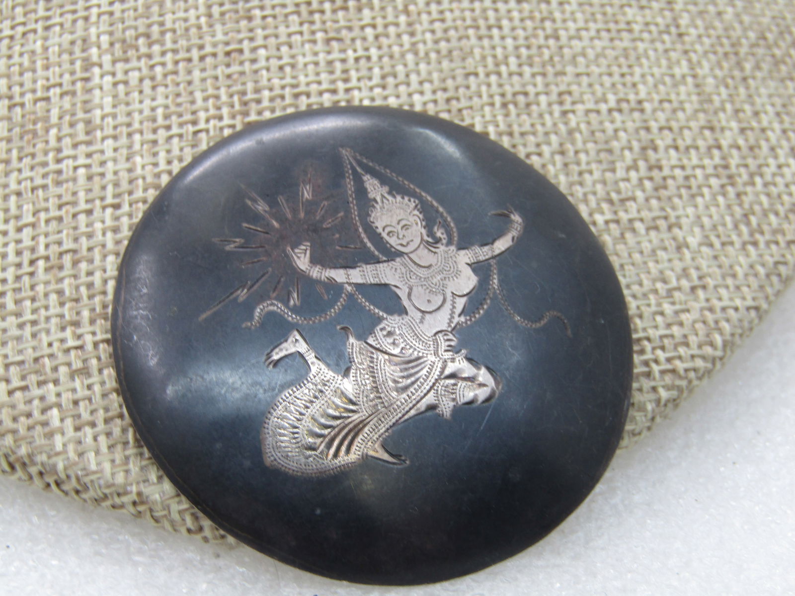 Vintage Sterling Enameled Siam Goddess Brooch, Niello, Signed, Locking Trombone Clasp. - 2