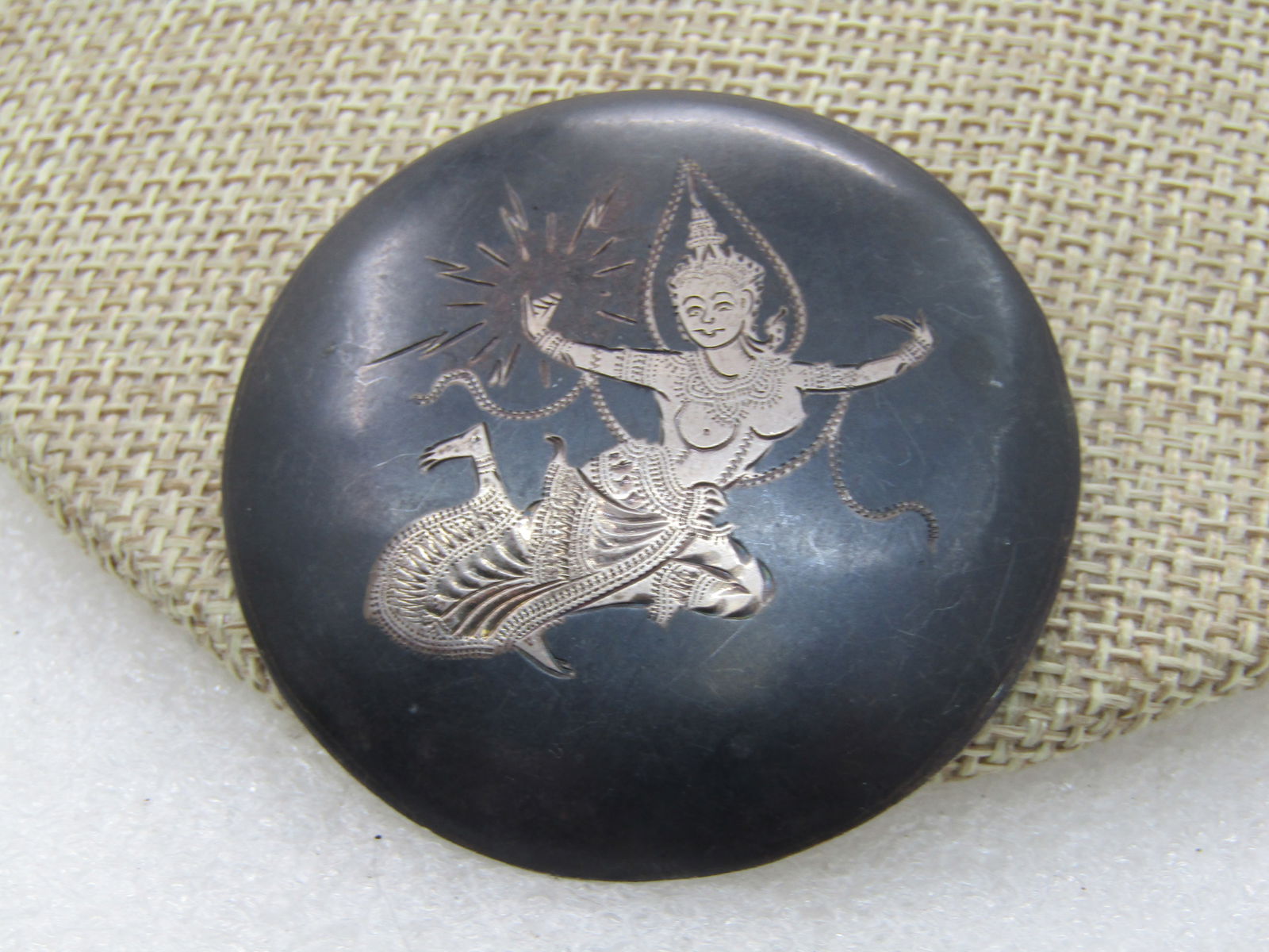 Vintage Sterling Enameled Siam Goddess Brooch, Niello, Signed, Locking Trombone Clasp. - 3