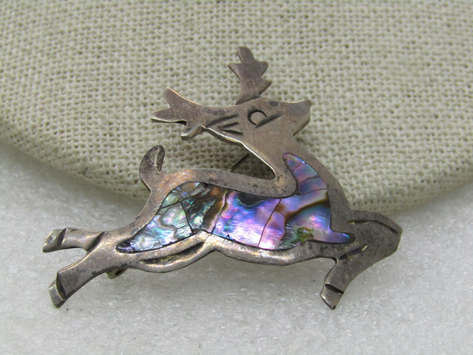Vintage Mexican Sterling Abalone Reindeer Brooch, Signed CRC, .925, 1.75" (1 of 5)
