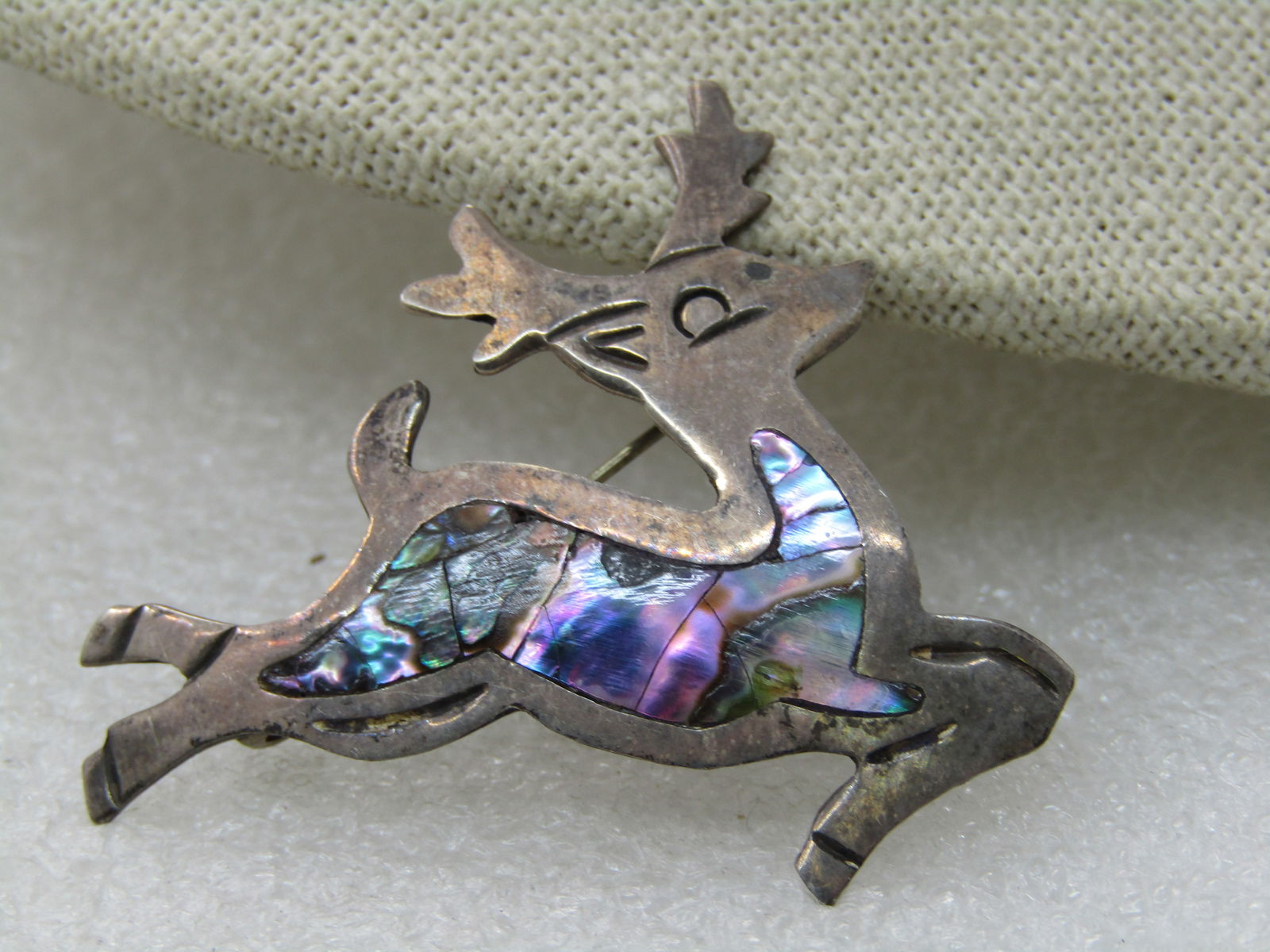 Vintage Mexican Sterling Abalone Reindeer Brooch, Signed CRC, .925, 1.75" - 2
