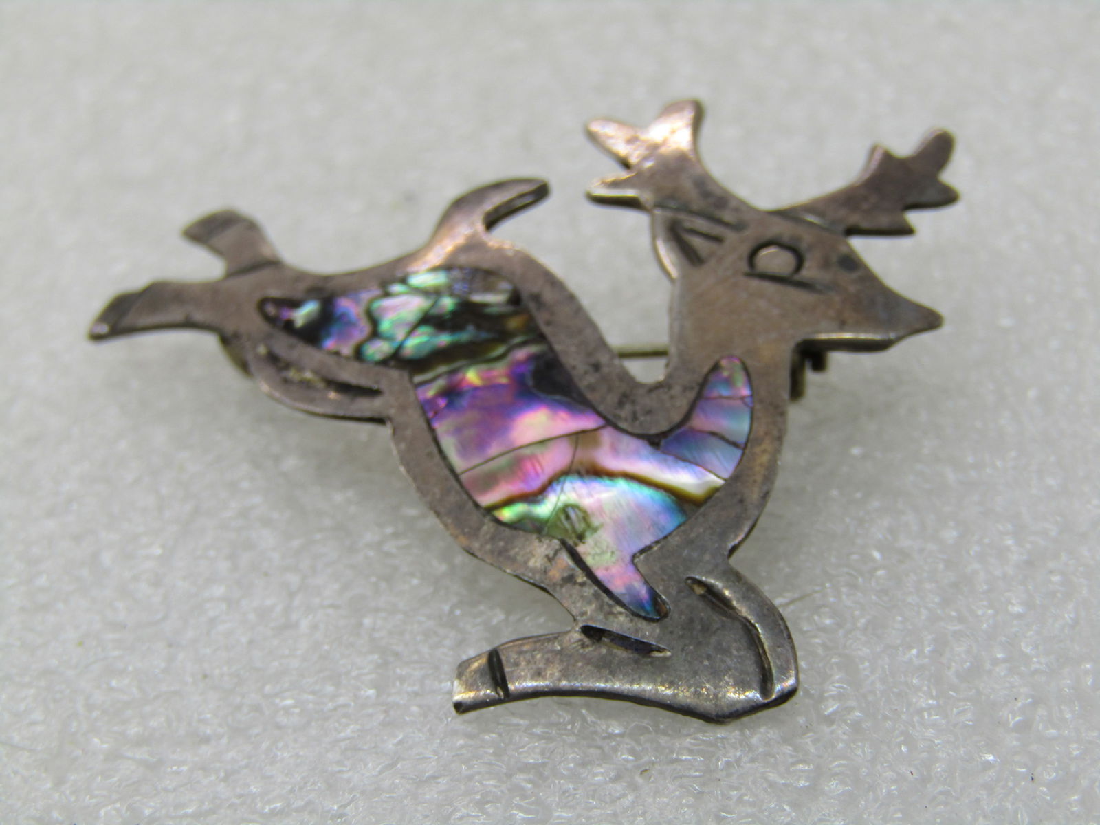 Vintage Mexican Sterling Abalone Reindeer Brooch, Signed CRC, .925, 1.75" - 4