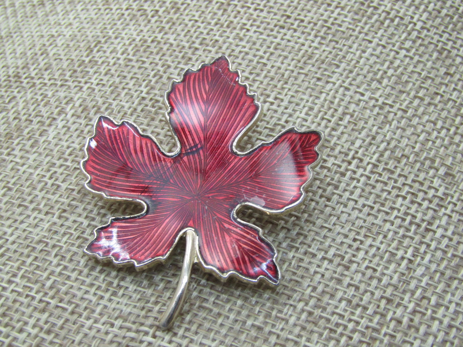 Vintage Red Enameled Leaf Brooch, Gold Tone, 1960's-1970's, 2" - 3
