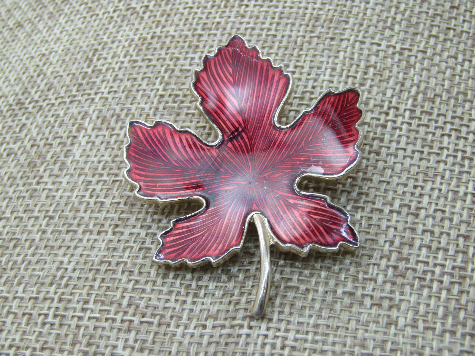 Vintage Red Enameled Leaf Brooch, Gold Tone, 1960's-1970's, 2" - 4