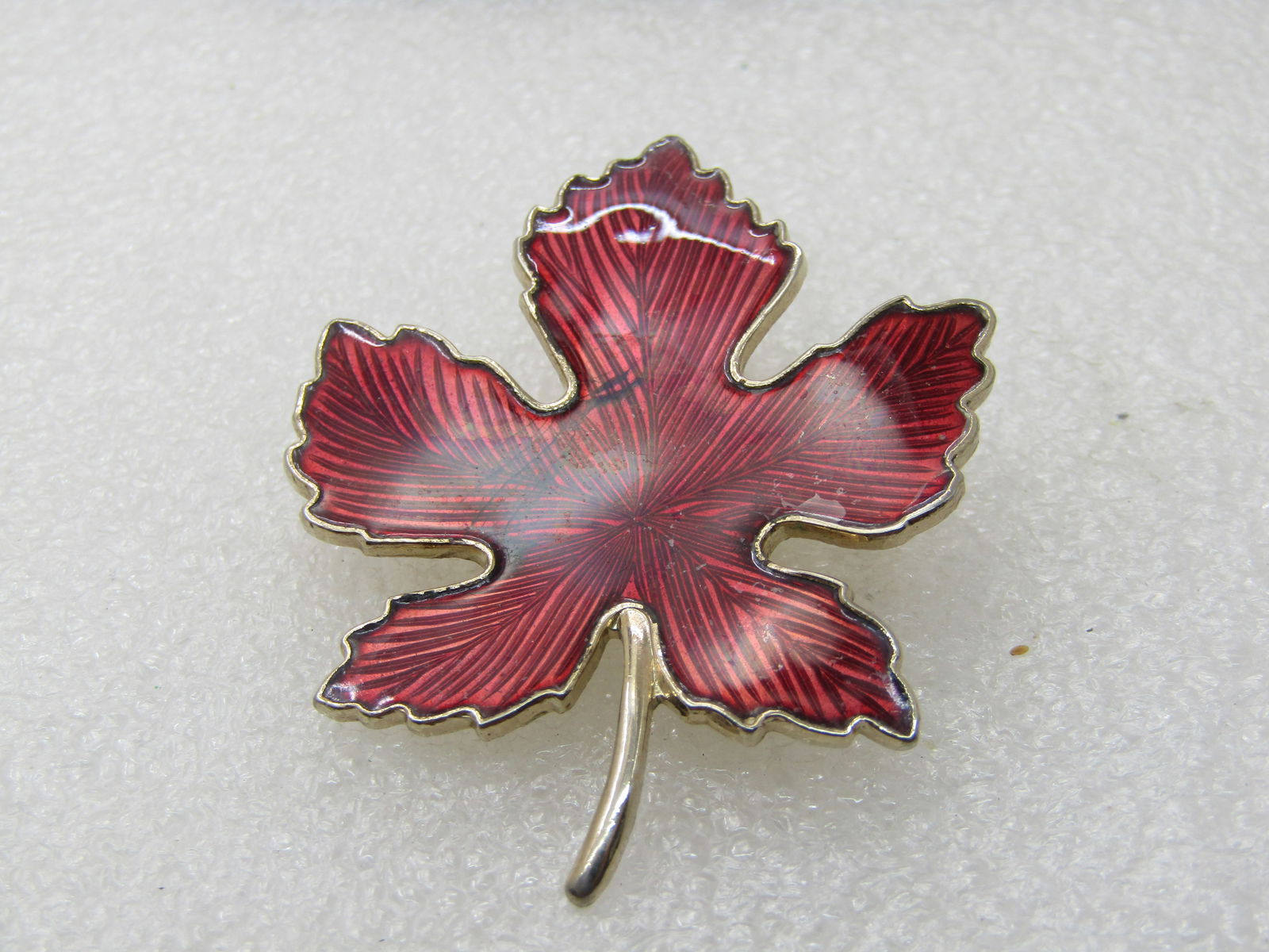 Vintage Red Enameled Leaf Brooch, Gold Tone, 1960's-1970's, 2" - 6