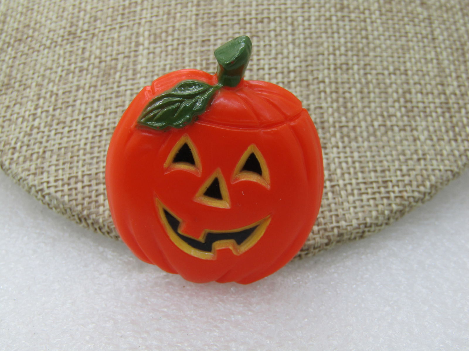 Vintage Orange Jack-o-Lantern Brooch with Leaves, 1-7/8" by 1.5" - 3