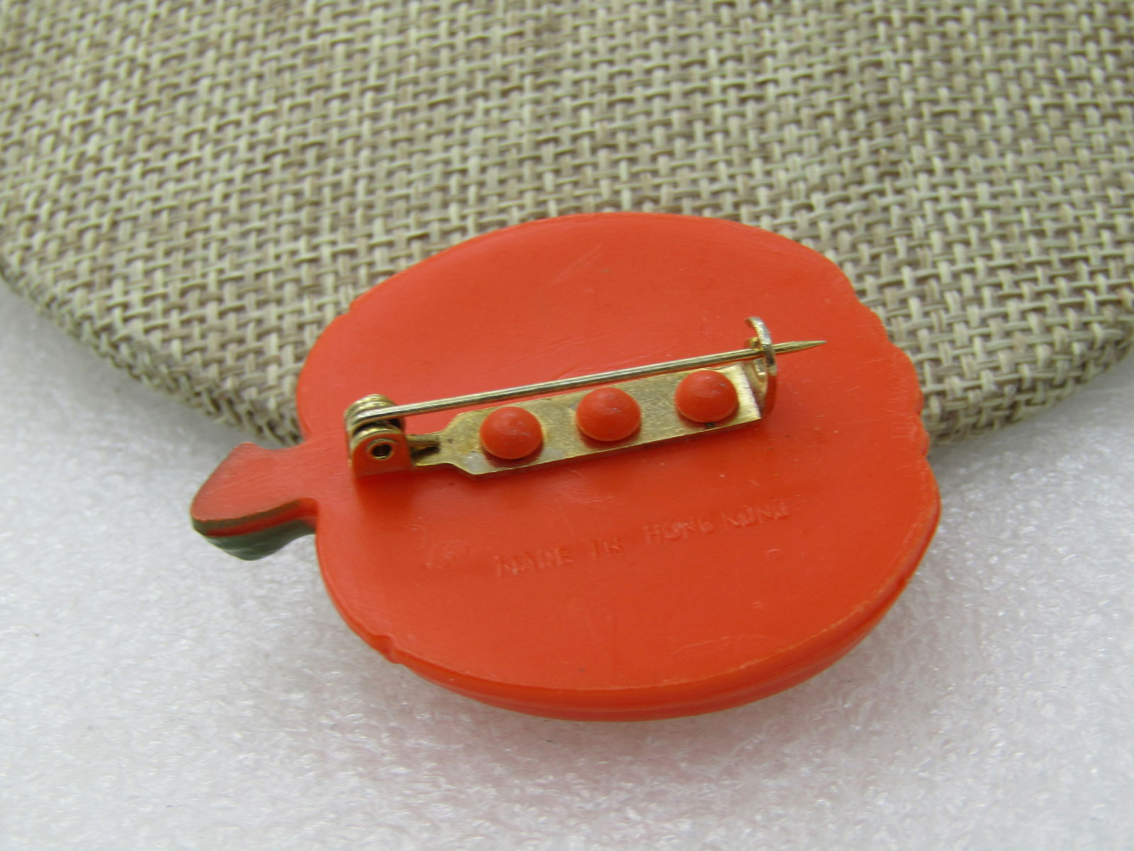 Vintage Orange Jack-o-Lantern Brooch with Leaves, 1-7/8" by 1.5" - 5