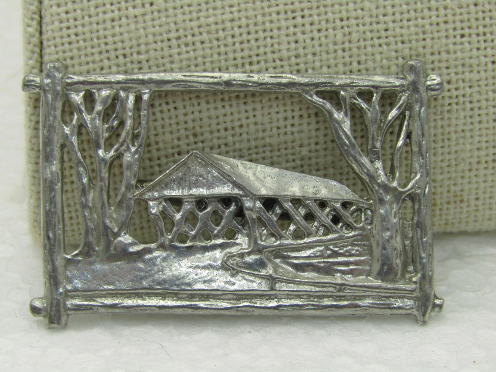 Vintage Winter Covered Bridge Brooch, Silver Tone, 2" - 2