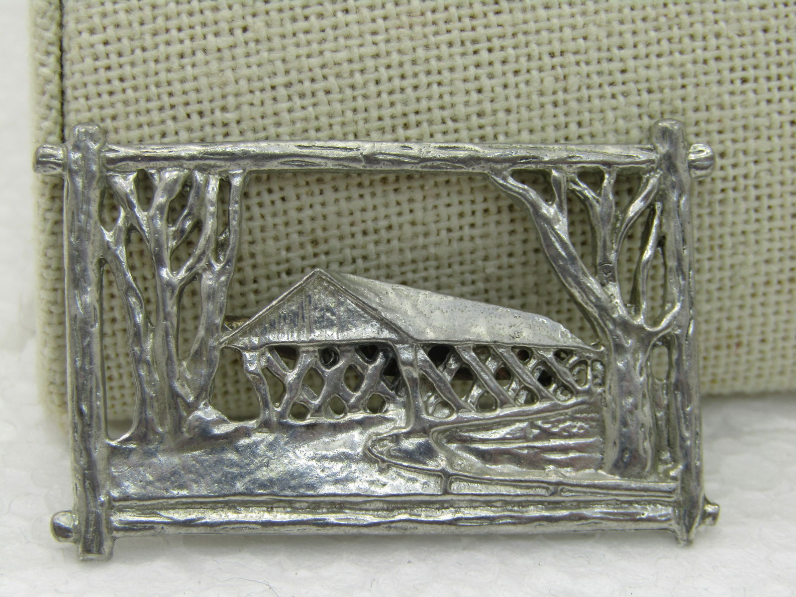 Vintage Winter Covered Bridge Brooch, Silver Tone, 2" - 3
